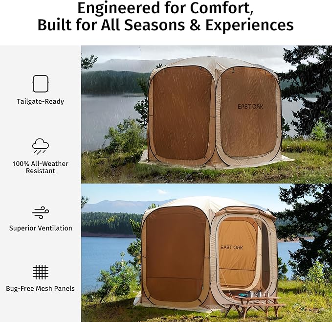 EAST OAK 10ร10 FT Pop Up Canopy Tent with Mesh Walls | Outdoor Screen House with 6 Sunshades | Waterproof Gazebo with Carry Bag | Portable Shelter for Camping, Patio, and Beach | Beige - Image 4