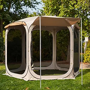 EAST OAK 10ร10 FT Pop Up Canopy Tent with Mesh Walls | Outdoor Screen House with 6 Sunshades | Waterproof Gazebo with Carry Bag | Portable Shelter for Camping, Patio, and Beach | Beige